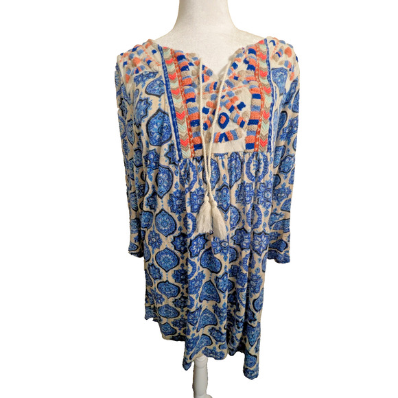 Lucky Brand Women's Size 1X Plus Peasant Retro Floral Blue Boho 3/4 Sleeve Top - Picture 1 of 15